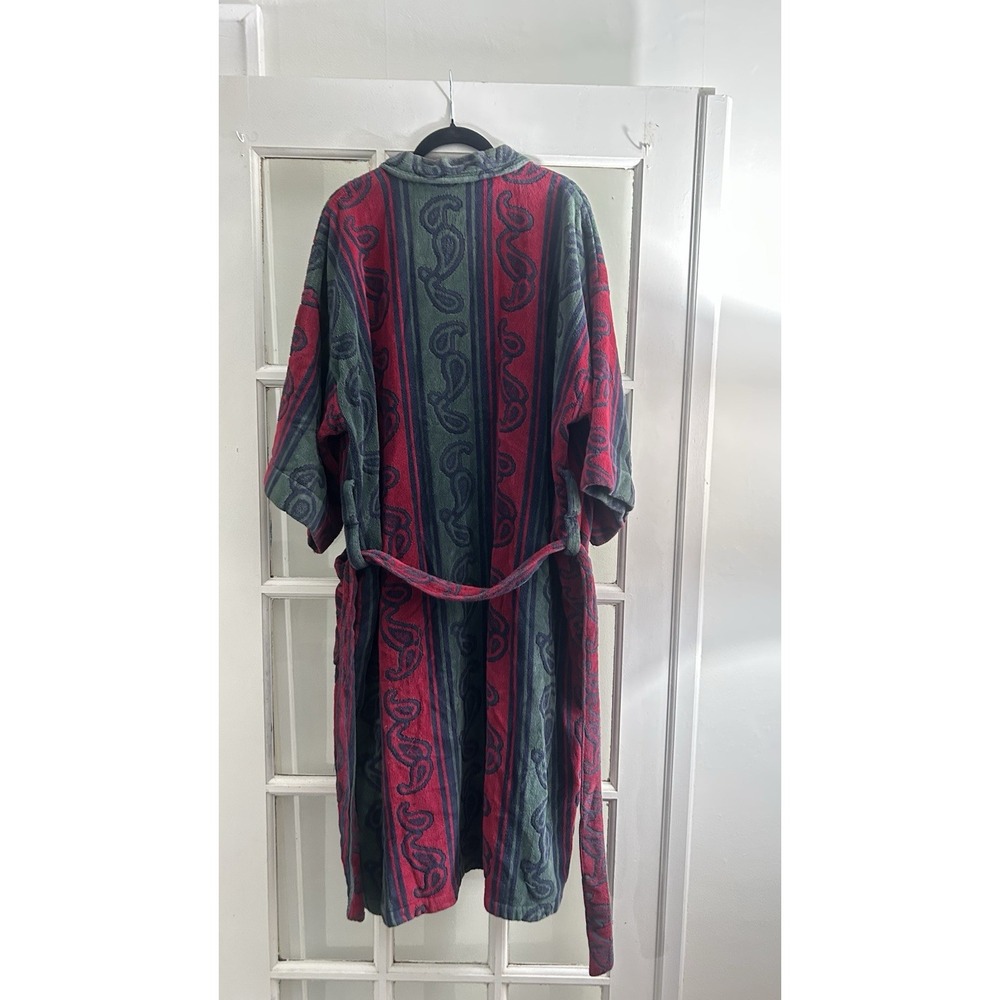 Vintage Turkish Cotton Blend Robe Knightsbridge OS Burgundy Green Paisley Belted - Picture 10 of 16